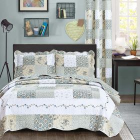 New Reversible 3pc Floral Printed Patchwork Blue/Green Bedspread/Quilt Set, Queen