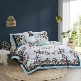 5 Piece Cotton Floral Comforter Set with Throw Pillows, Full/Queen (Color: as Pic)